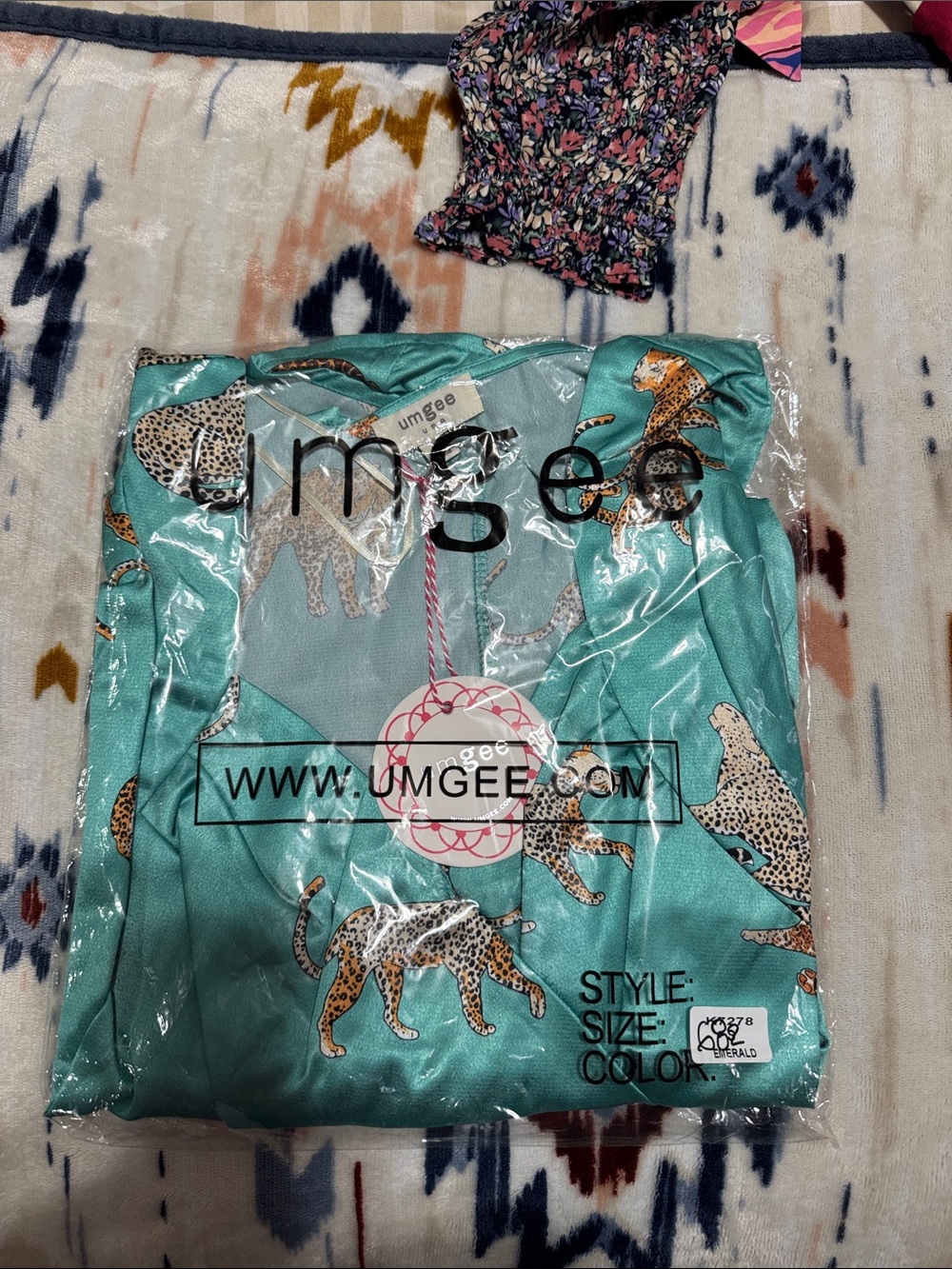 Umgee Teal Satin Top with Leopard Motif